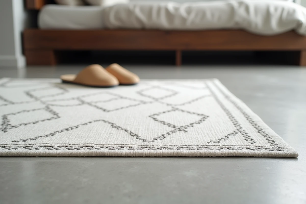 Gros plan sur un tapis à motif Sashiko en coton tissé plat dans une chambre contemporaine avec sol en béton gris