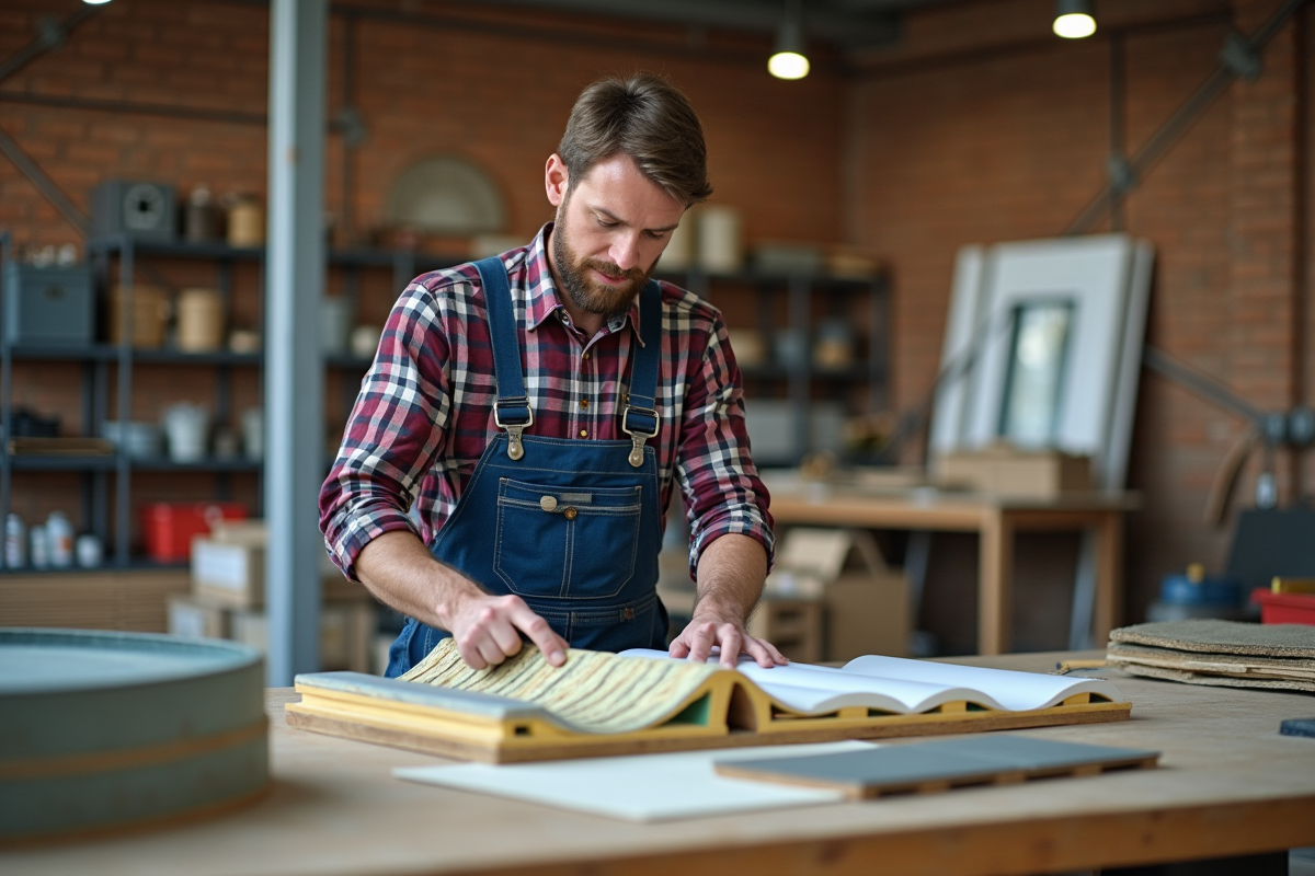 Professionnel en travaux examinant des matériaux d isolation