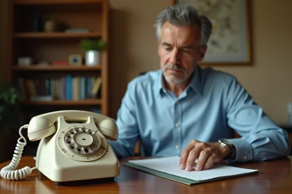 Homme examinant un téléphone à cadran rotatif vintage posé sur un bureau en bois dans un bureau à domicile