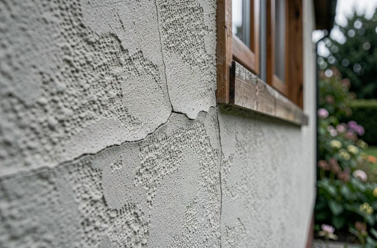Texture gros plan d'un enduit maps appliqué en extérieur avec fissures apparentes sur façade