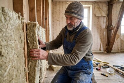 Homme en overalls posant de la laine mineral entre murs