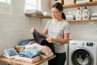 Femme triant du linge et vérifiant le poids sur une balance numérique avant de charger sa machine à laver