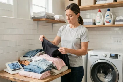 Femme triant du linge et vérifiant le poids sur une balance numérique avant de charger sa machine à laver