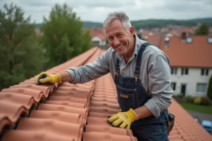 Ouvrier couvreur pointant vers tuiles en terracotta neuves sur toit