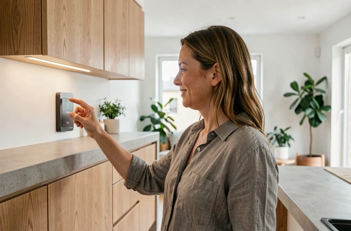 Femme utilisant un interrupteur va-et-vient Yokis dans une cuisine ouverte moderne