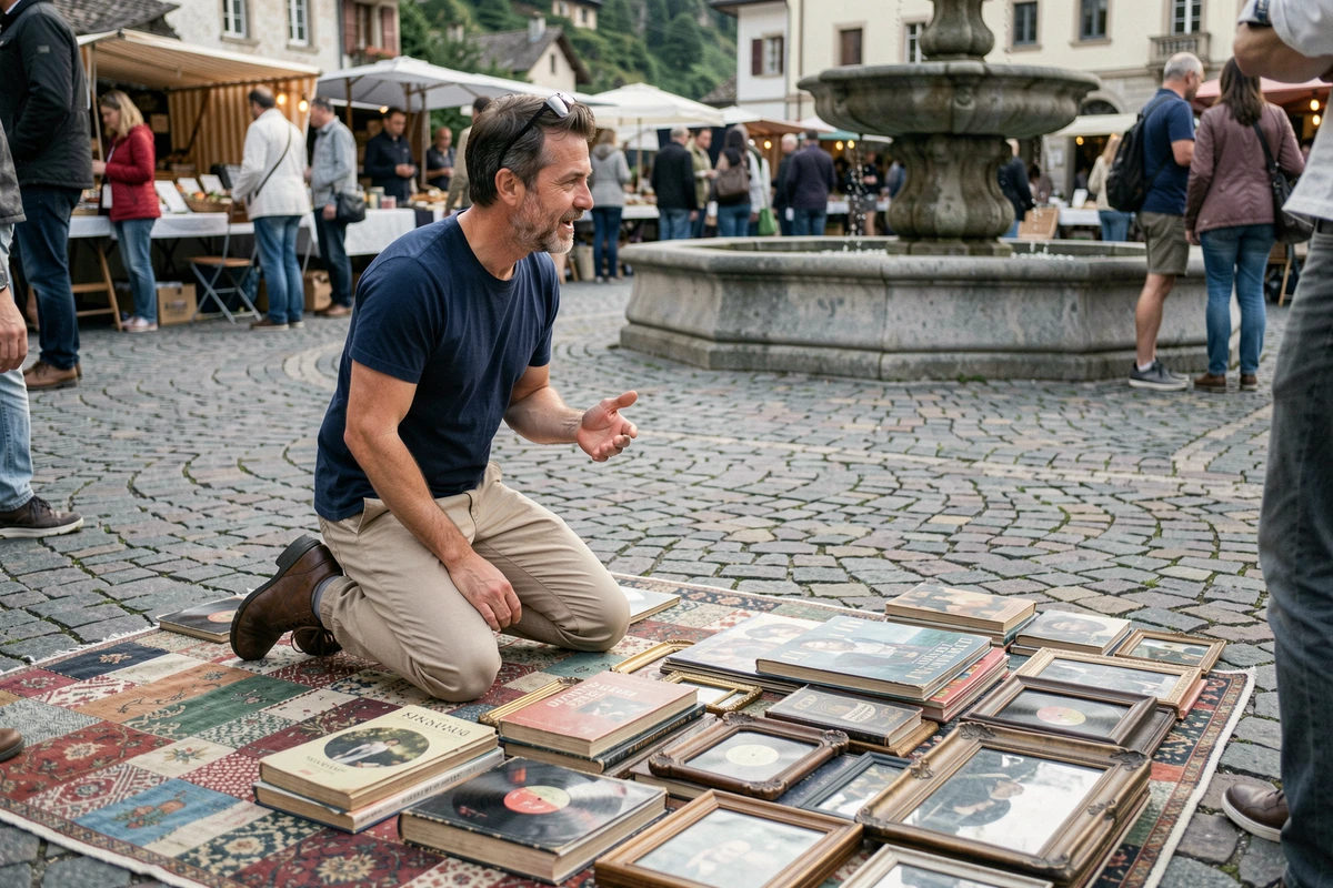 Vendeur masculin au vide grenier d'Annecy discutant avec un acheteur devant des livres anciens et des vinyles sur une place pavée