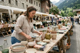 Vendeuse au vide grenier d'Annecy arrangeant des céramiques et objets vintage sur une table en bois lors d'un marché de plein air