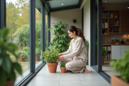Femme arrangeant des plantes sur une veranda moderne