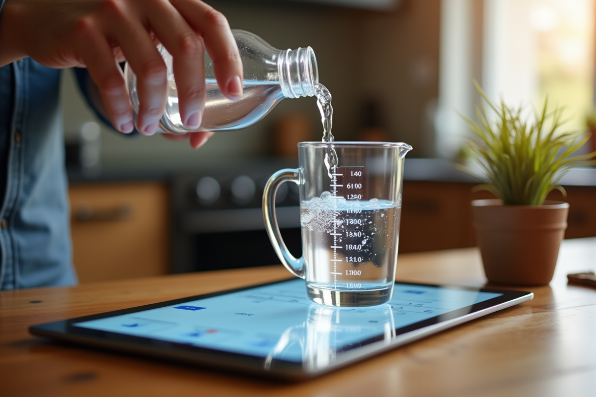 Main versant de leau dans un verre mesureur moderne cuisine rustique