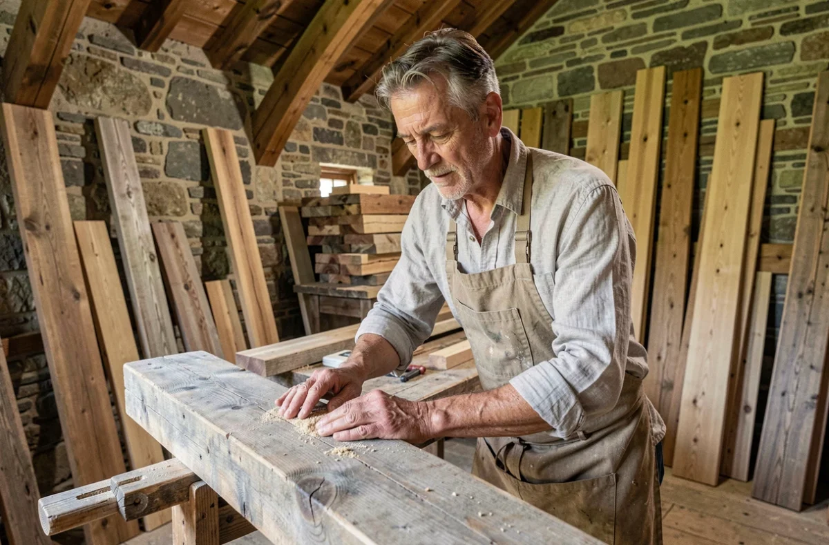 Spécialiste du vieux bois inspectant une poutre ancienne en chêne dans une grange savoyarde rénovée