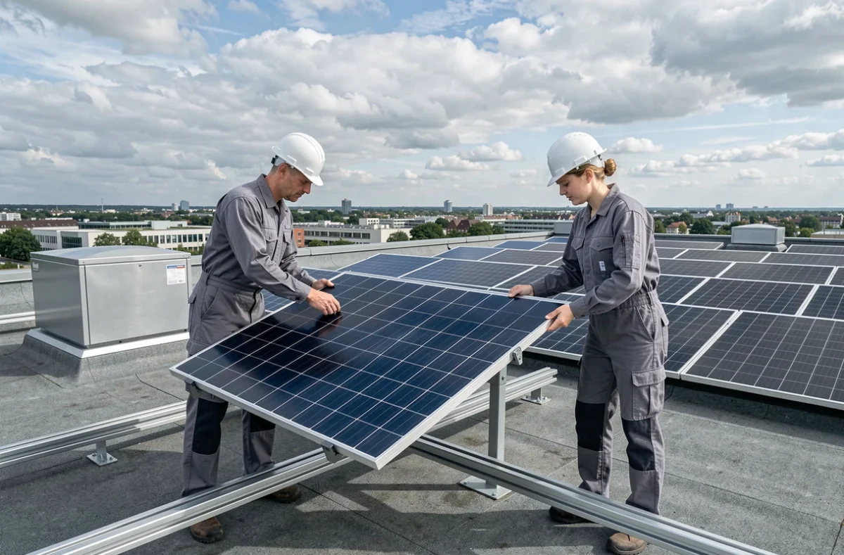 Une équipe de deux techniciens Waysol installe des panneaux solaires sur le toit plat d'un bâtiment commercial en Île-de-France