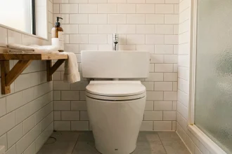 WC avec lave-main intégré sur le réservoir dans une petite salle de bain moderne avec carrelage blanc et accessoires minimalistes